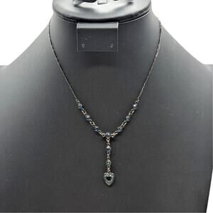 Gun Metal 'Y' Drop Blue Austrian Crystal U.S.A. Heart Chain 16" Necklace